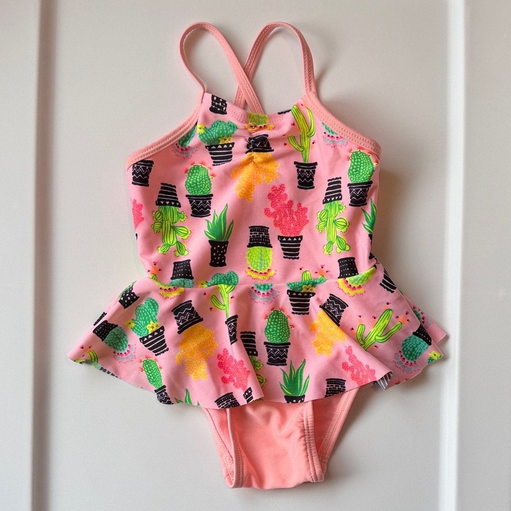 Cat & Jack Pink Cactus Print One-Piece Swimsuit girls size 9 months